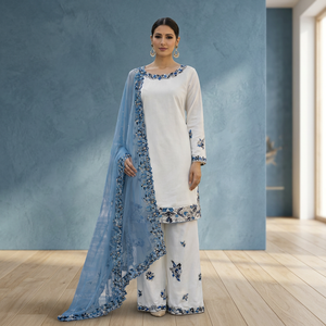 Conjunto de Salwar Kameez Tradicional de Algodón Blanco de Lujo, Bordado con Hilo Resham Azul, Kurta Recta, Palazzo, Estilo Indio-Pakistaní, Festivo - Product Image 1