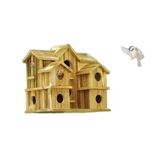 Casa de pájaros de madera de 2 pisos, tipo villa, para jardín exterior, montada en la pared, con acabado natural, decorativa, para colgar, nido para pájaros. - Product Image 3