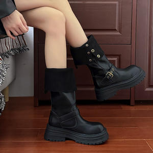 اثنين من الملابس سميكة نعل الركبة عالية الأحذية النسائية الرجعية النمط البريطاني متسابق الأحذية مع زر إغلاق مايلارد كل مباراة أحذية الشتاء - Product Image 1