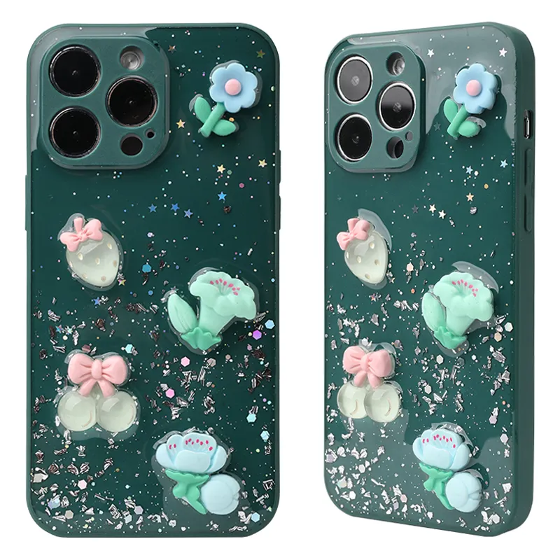 Prix de gros époxy Glitter design bord droit trou précis décorations époxy brillant TPU + PC coque de téléphone pour iphone 13 pro 14