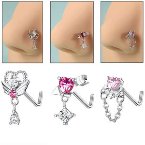 <span class=keywords><strong>Piercing</strong></span> de <span class=keywords><strong>nez</strong></span> en acier inoxydable 20G en forme de L avec pendentif cœur en zircon CZ pour femme - Product Image 1