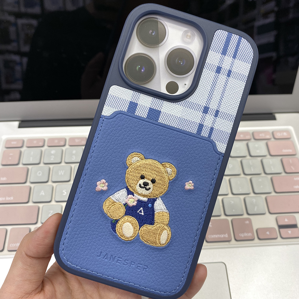 Embroidery Bear Case Cover for Iphone 14 with Holder