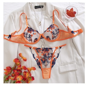 Conjunto sexy de <span class=keywords><strong>dos</strong></span> piezas: sujetador hueco con copas de media copa <span class=keywords><strong>y</strong></span> bragas, estilo lencería transparente de encaje sexy con tirantes - Product Image 1
