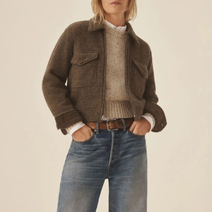 Chaqueta Bomber de mezcla de lana para mujer, cuello alto, cierre de cremallera, longitud recortada, manga larga, cálida para otoño, color sólido - Product Image 2