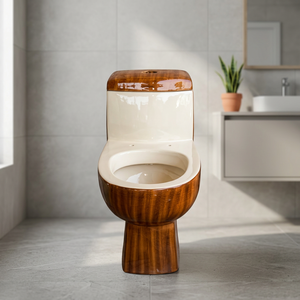 Conjunto de Lavabo de Cerámica Moderno de Diseño Bicolor Blanco con Pedestal de Madera y Inodoro de Una Pieza con Sifón - Product Image 3