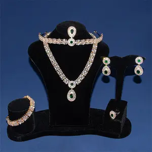 Fashion Hot Selling Water Drop AAA Zircon Pendant Necklace Earrings Ring Bracelet Headwear Women Classic Brass Bride Jewelry Set