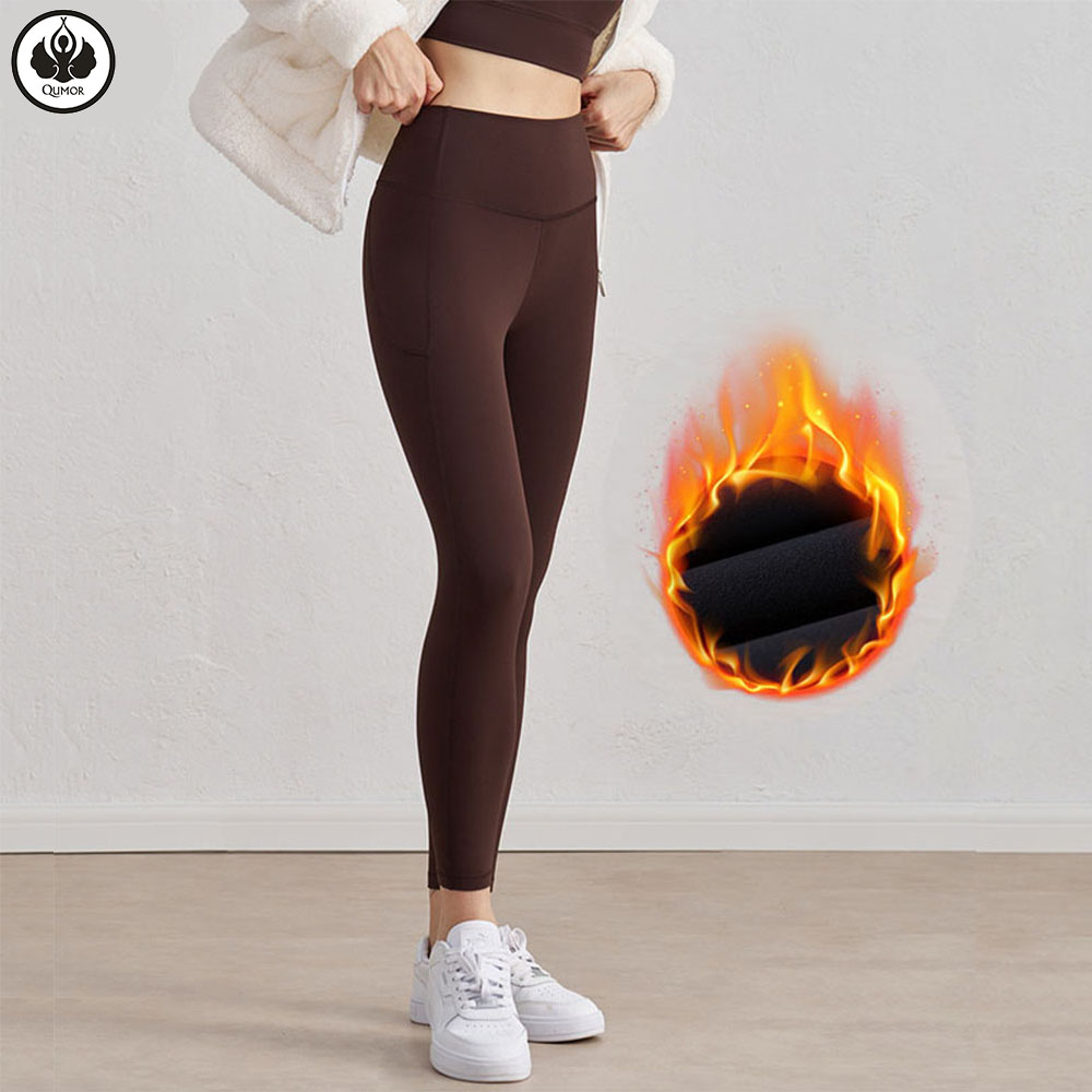 QUMOR High Waist Solid Warm Nude Workout Sportswear Thin Fleece Gym Fitness Pants Yoga Leggings Women