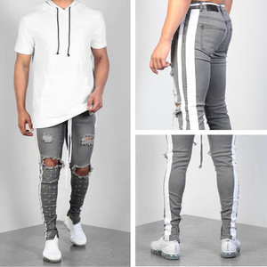 Envío gratuito Moda Streetwear hombres Jeans gris Skinny <span class=keywords><strong>Hombre</strong></span> rasgado <span class=keywords><strong>pantalones</strong></span> vaqueros con cinta lateral Homme Hip Hop - Product Image 2