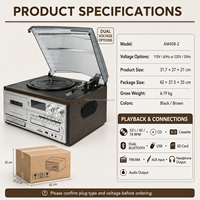 G30145 Lecteur de disques vinyles en bois 9-en-1 avec USB, lecteur CD, magnétophone, radio AM/FM, phonographe, Bluetooth et haut-parleurs