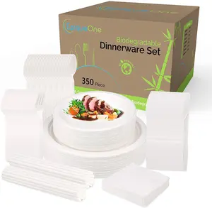 Biyobozunur yemek takımı-350 parça tek kullanımlık, dayanıklı sofra takımı-Compostable kaşık, çatal, bıçak, plakaları, saman