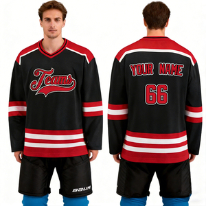 Seragam Hoki Es Kustom Sublimasi OEM dengan Logo, Set Tim Poliester Hitam, Jersey Kiper Hitam dan Merah, Hoki <span class=keywords><strong>Junior</strong></span> - Product Image 1