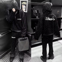 Ensemble de survêtements pour hommes en coton 100% avec logo personnalisé OEM, sweat à capuche tricoté à demi-zip orné de strass et de pierres brillantes, et pantalon de survêtement grande taille