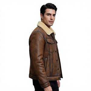 Blouson en cuir véritable pour homme, doublure en fausse fourrure, col rond, respirant, imperméable, style motard, épais, coupe classique, automne - Product Image 2