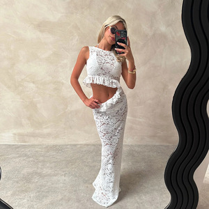 Robe longue sans manches à col rond en dentelle ajourée, style crop top, avec superposition transparente, robe de soirée à taille naturelle, origine Yiwu - Product Image 2