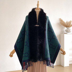 Châle d'hiver de <span class=keywords><strong>luxe</strong></span> pour <span class=keywords><strong>femme</strong></span>, style cape, à carreaux, épais, effet cachemire, avec col en fausse fourrure, idéal pour les fêtes, par un célèbre créateur - Product Image 6