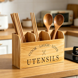 Portautensili da Cucina <span class=keywords><strong>in</strong></span> <span class=keywords><strong>Legno</strong></span> Stile Rustico a 3 Scomparti con Manico per Piano di Lavoro - Product Image 3