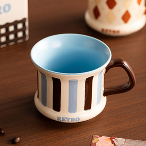 แก้วกาแฟลายทางสไตล์เรโทร ปากกว้าง สำหรับคาปูชิโน แก้วเซรามิกสวยงาม - Product Image 4