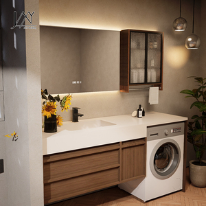 Meuble-lavabo flottant en bois de noyer avec meuble intégré pour machine à laver, miroir LED encastré et armoire murale en <span class=keywords><strong>verre</strong></span> cannelé - Product Image 3