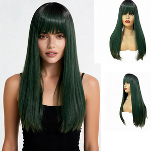Parrucca Sintetica Lunga e Liscia con <span class=keywords><strong>Radice</strong></span> Nera e Sfumatura Verde Scuro, Frangia Completa, Resistente al Calore, per Halloween, per Donne - Product Image 1