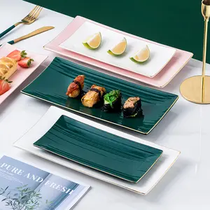 일본 패션 사용자 정의 세라믹 황금 가장자리 직사각형 초밥 접시 도매 세라믹 물고기 서양 음식 요리