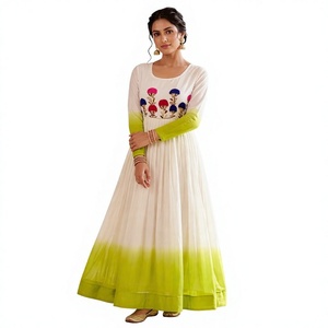 Vestido Anarkali Ombre Blanco y Verde Lima de Moda 2026 con Bordado Floral, Ropa Étnica India de Lujo, Georgette Largo Maxi - Product Image 1