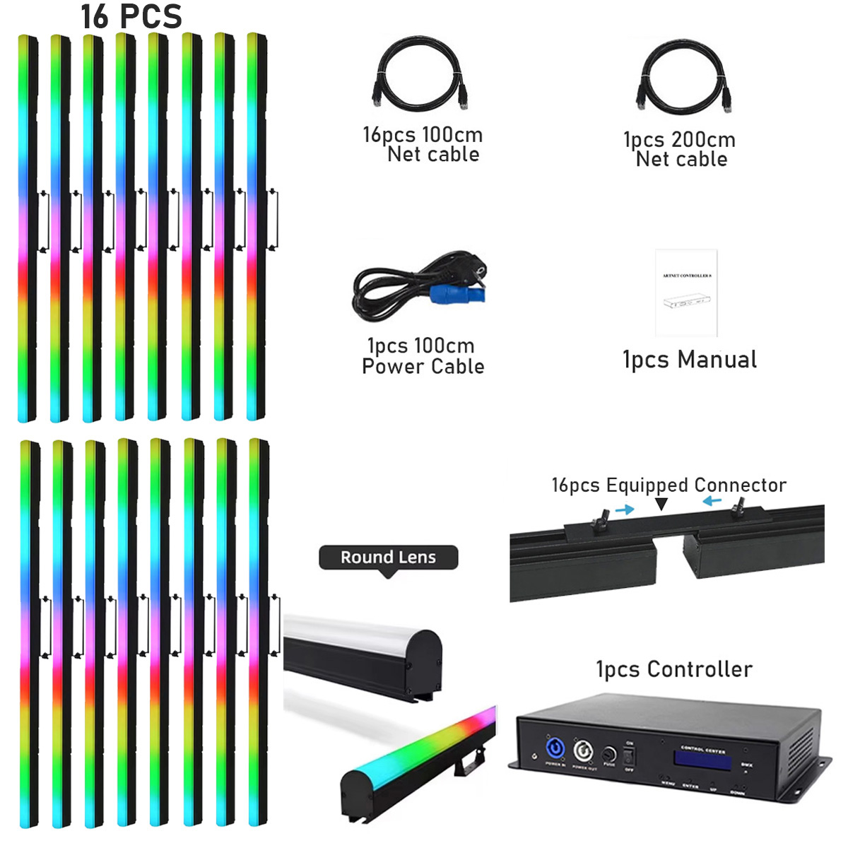 16 Tubos LED Pixel – Lente Redonda – Caja de Cartón