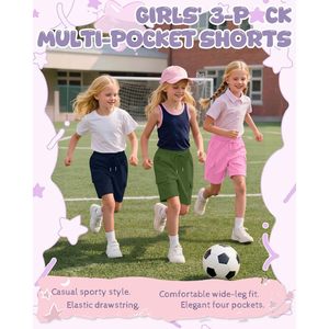Shorts cargo pour filles, longueur genou, avec 4 poches, vêtements d'école d'été respirants, 5-14 ans - Product Image 3