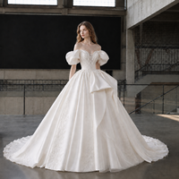 Robe de mariée de bal 3700, épaules dénudées, manches bouffantes, dentelle florale, corset perlé de cristaux, satin, grandes tailles, sur mesure, vente en gros