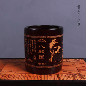 Bamboo Pen Holder Carved Lanting Preface Eight Horses Round Chinese Style Craft Artwork For Calligraphy Writing - Product Image 2