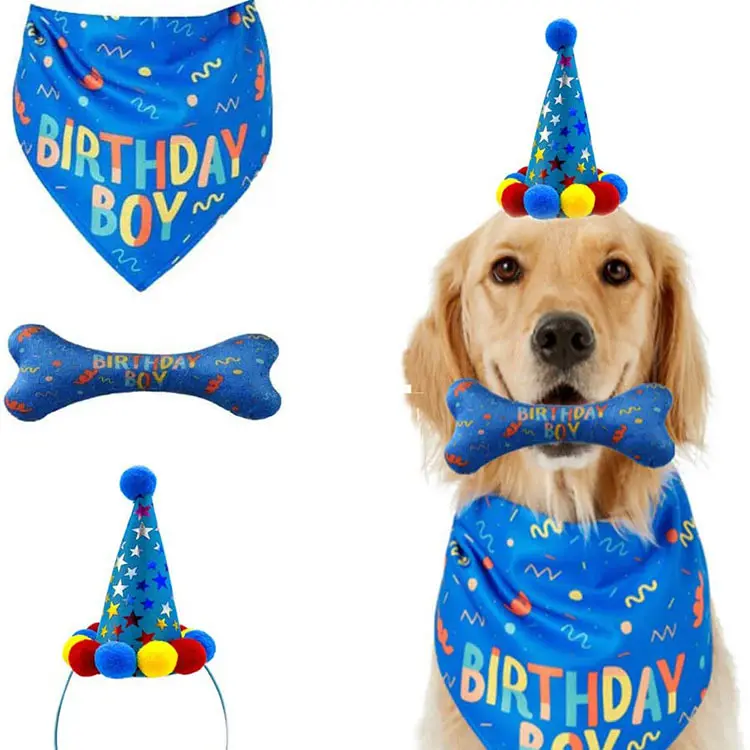 लोकप्रिय थोक फैक्टरी पालतू जानवर जन्मदिन का Bandana हड्डी चबाना खिलौने सेट पालतू कुत्ते मुद्रित बन्दना टोपी सामान सजावट सेट