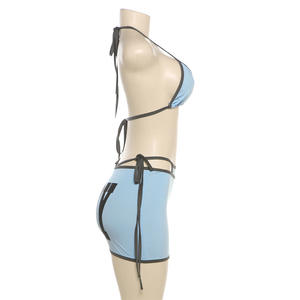 STOCK Deux Couleurs <span class=keywords><strong>Sans</strong></span> Pad Triangle Top Basique String Bikini Femmes 3 Pièces Maillots De Bain Plage Jupe CoverUp - Product Image 3