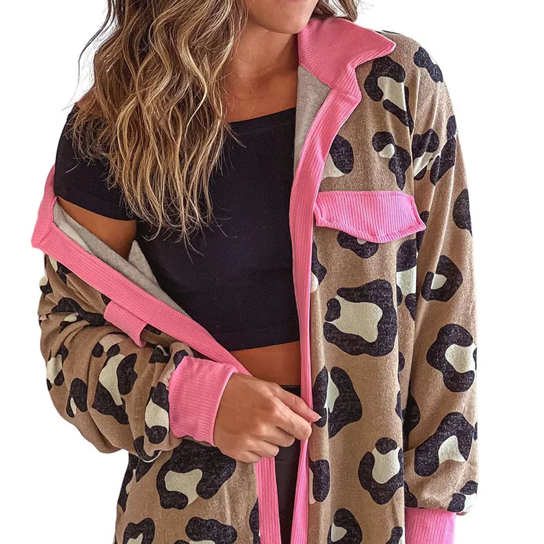 Western Vintage Stil Leopard gerippte Jacke Damenkragen Wintermäntel für Damen und Frauen