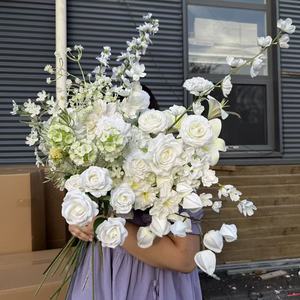 Bouquet de fleurs artificielles Jinxi, roses en soie blanches, lys, pivoines, décoration de mariage, accessoires de photographie en extérieur, décoration de la maison - Product Image 1