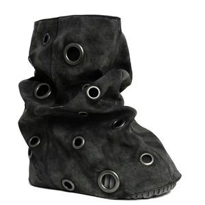 Metal Circle Holes Decor Women's Thick Sole Short <b>Boots</b> Overlay Ankle Booties Round Toe Flat Bottom Wedge Heels Suede Shoes - Product Image 6