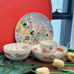 Ensemble cadeau d'anniversaire, ensemble de vaisselle coloré à thème de dessins animés, 4 pièces, bols et assiettes en porcelaine pour enfants, avec boîte cadeau - Product Image 3