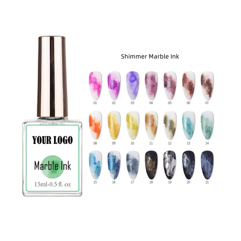 Oem Uw Logo Bloeiende Inkt Shimmer Glitter Kleur Marmer Inkt Gel Nagellak Nail Art Inkt