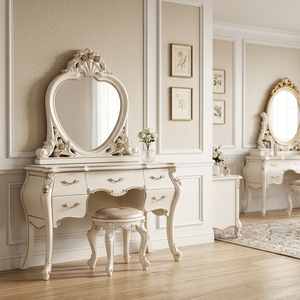 Table de toilette européenne sculptée blanc crème, table de maquillage de luxe pour princesse avec miroir intégral, meubles pour la maison - Product Image 5