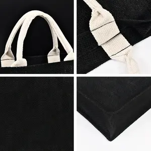 Toptan yüksek kalite siyah çuval bezinden çanta baskı logosu jüt çanta taşınabilir büyük kapasiteli Tote çanta