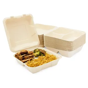 SUMKOKA PFAS Free Biodegradable Disposable Sugarcane Square 3 Comp Clamshell Box Packaging Bagasse Fast Food Boxes