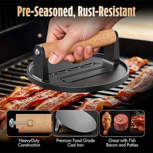 Prensa para Smash Burgers de Hierro Fundido Precurado, Prensa para Hamburguesas de 2 lb, Herramienta Resistente para Prensar Carne y Tocino para Parrilla con Mango de Madera - Product Image 4
