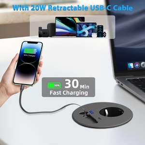 Enchufe Empotrado Estándar Europeo para Muebles, Retráctil, con Cable USB-C PD de 20W y Puertos USB, Toma de Corriente Redonda para Escritorio - Product Image 4