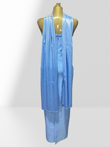 Robe de soirée midi en satin bleu clair sans bretelles avec col à perles, manches cape, robe de soirée moulante de luxe avec strass - Product Image 2