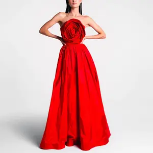 Ocstrade High Quality Long Gown Evening Dress Elegant Sleeveless Open Back Large 3D Flower Design Maxi Red Evening Dress
