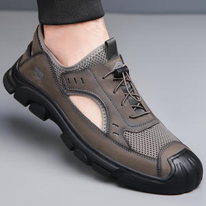 Sandales d'été en cuir véritable pour hommes, à bout ouvert, avec empeigne en maille, décontractées, à semelle souple, respirantes, avec soutien de la voûte plantaire, légères et faciles à enfiler - Product Image 5