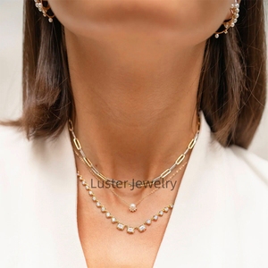Lustre Jewelry Full Stones Chain Link 10 14K Moissanite Diamond 18 K Gold <span class=keywords><strong>Fancy</strong></span> Collar para mujer - Product Image 4
