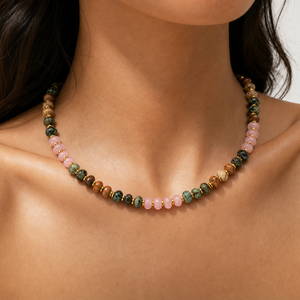 Collana con perline Go2boho in tonalità terra per donna, girocollo con perline rosa, verdi e marroni, regalo di gioielli boho per le vacanze - Product Image 1