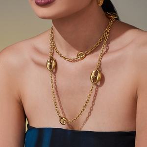 قلادة نسائية جديدة بالجملة من الفولاذ المقاوم للصدأ المطلي بالذهب عيار 18 قيراط، سلسلة طويلة على شكل حبوب القهوة وسلسلة أنف الخنزير - Product Image 2