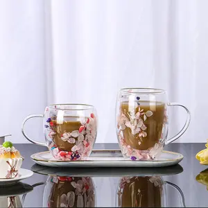 Taza de vidrio doble con flores, tazas de café de doble pared de vidrio transparente, tazas de vidrio transparente creativas con asa para capuchino Latte