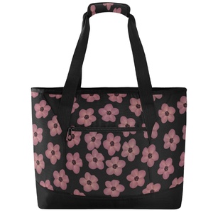 Sac isotherme réutilisable et étanche à motif floral hawaïen noir et rose, grand format, pour courses et déjeuner - Product Image 2