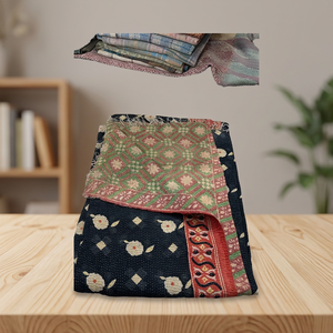 Handmade Boho Reversible Kantha <b>Quilt</b> Floral Embroidery Cotton Vintage Indian Bedspread <b>Throw</b> Bedding Decor Home Use - Product Image 2